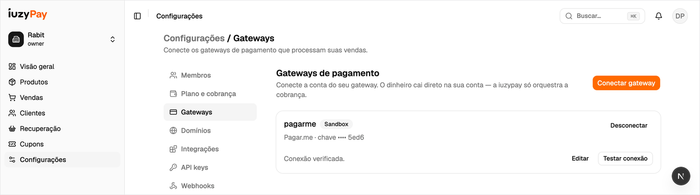 Tela de Gateways em Configurações com a Pagar.me conectada