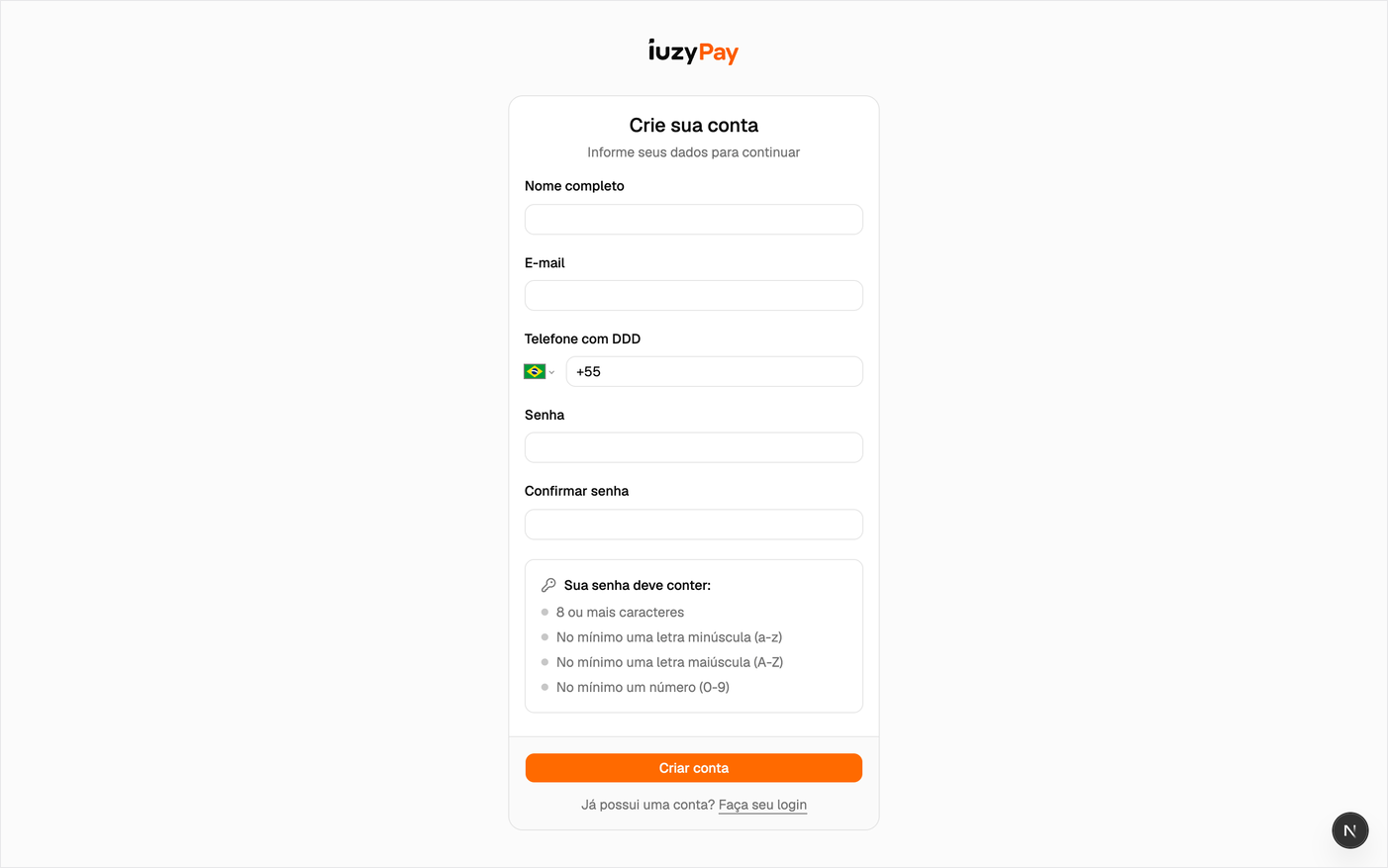 Formulário de criação de conta da iuzypay
